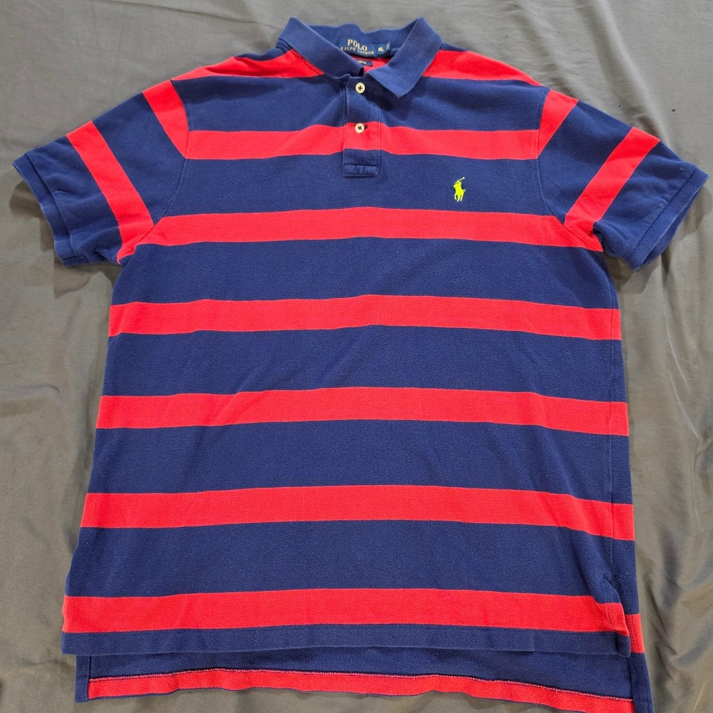 Polo Ralph Lauren Mens XL Custom Fit Striped Polo Shirt Navy Red Yellow Pony